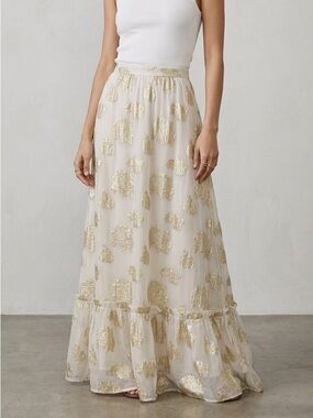 Saule Parc Ruffled Maxi Skirt Cream with Metallic Gold Floral Print Size XS NWOT
